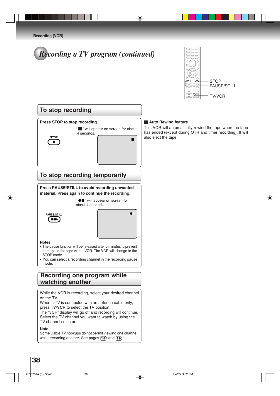 Recording a tv program (continued), Recording one program while watching another | Toshiba SD-V593SU User Manual | Page 38 / 72