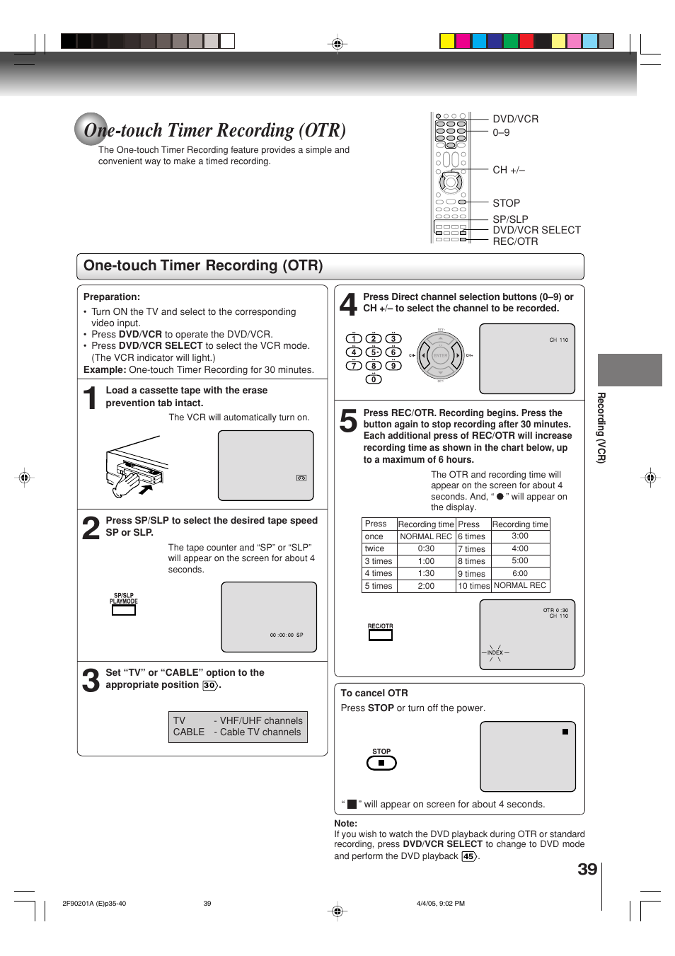 One-touch timer recording (otr) | Toshiba SD-V593SU User Manual | Page 39 / 72