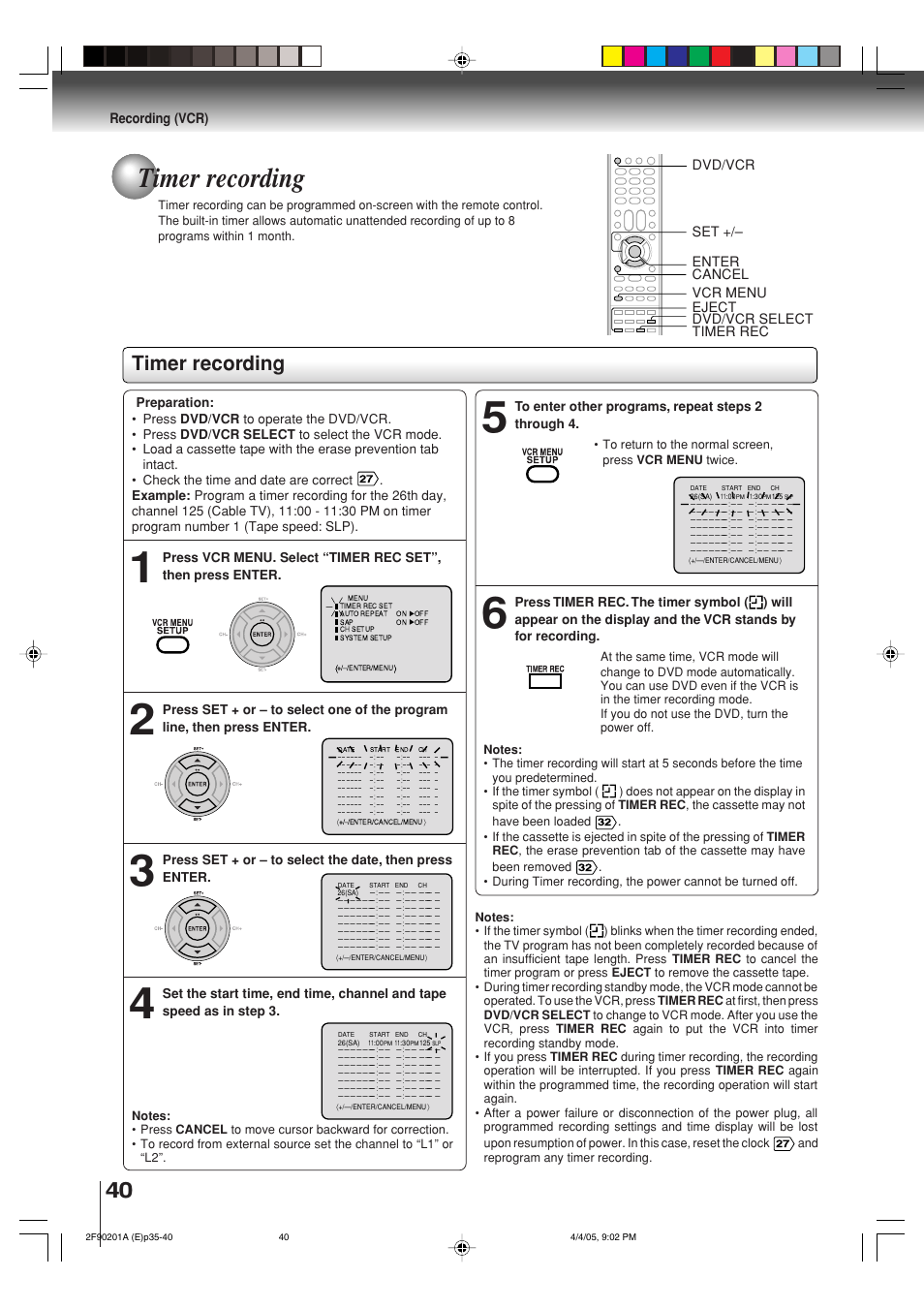 Timer recording | Toshiba SD-V593SU User Manual | Page 40 / 72