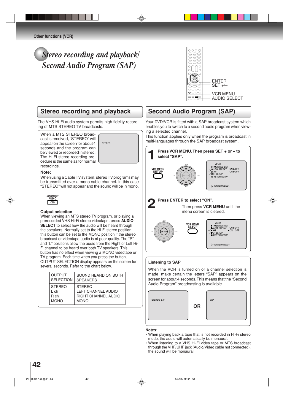 Stereo recording and playback, Second audio program (sap) | Toshiba SD-V593SU User Manual | Page 42 / 72