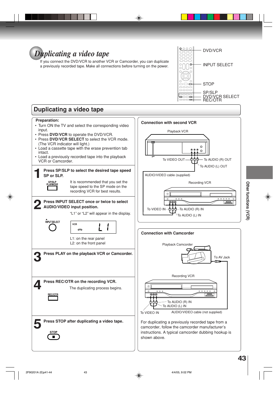 Duplicating a video tape | Toshiba SD-V593SU User Manual | Page 43 / 72