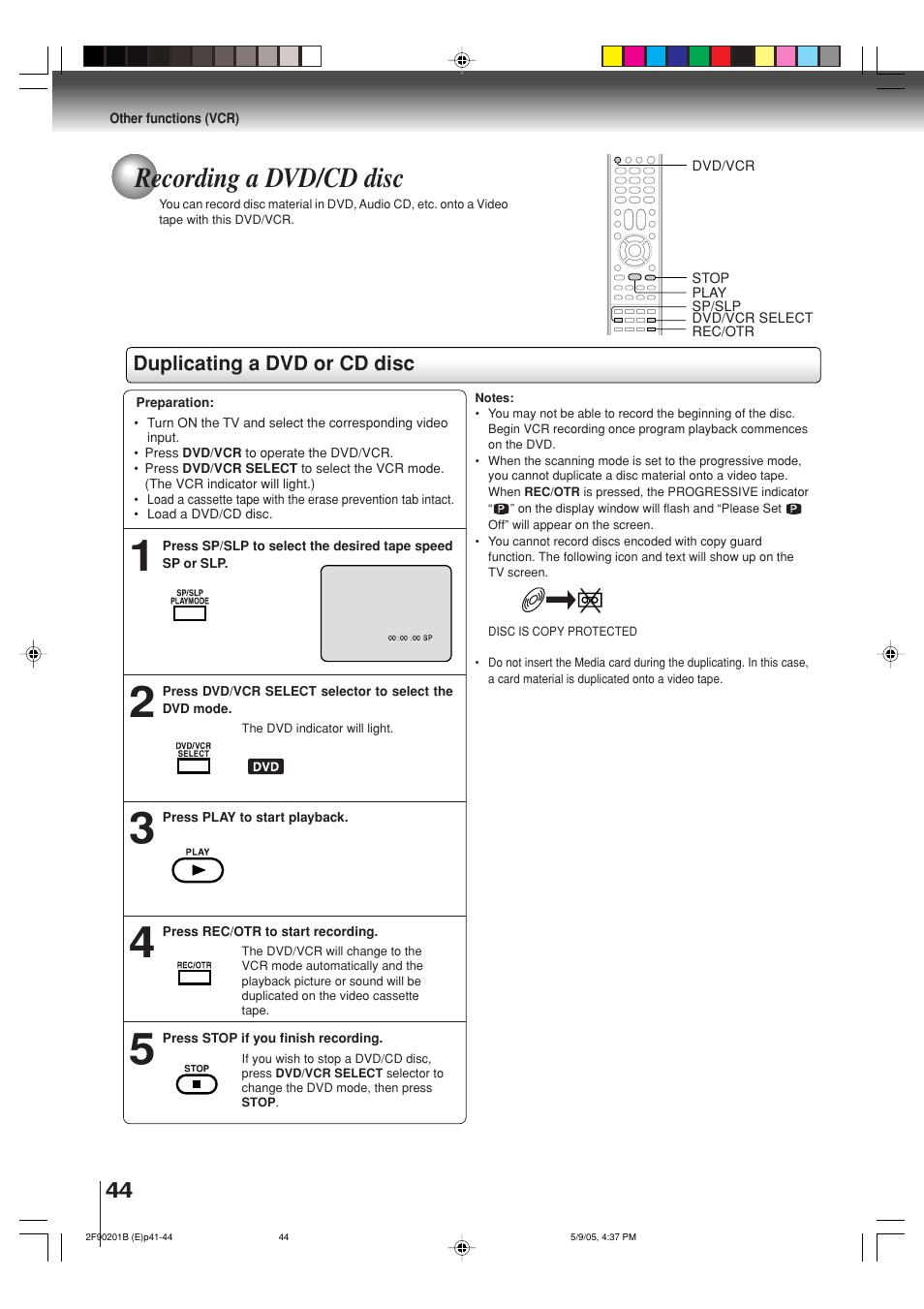 Recording a dvd/cd disc | Toshiba SD-V593SU User Manual | Page 44 / 72