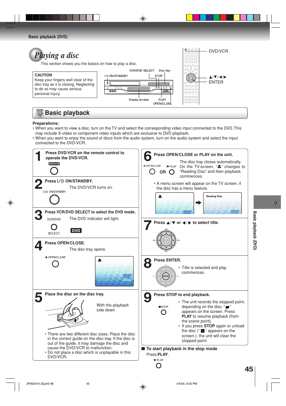 Playing a disc, Basic playback | Toshiba SD-V593SU User Manual | Page 45 / 72