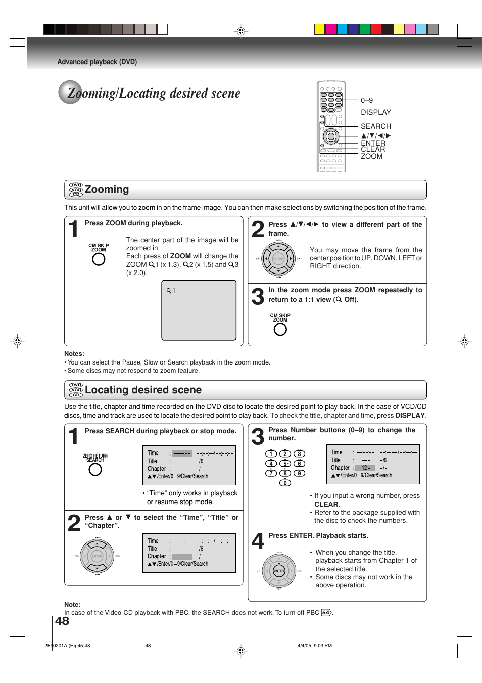 Zooming/locating desired scene, Zooming, Locating desired scene | Toshiba SD-V593SU User Manual | Page 48 / 72