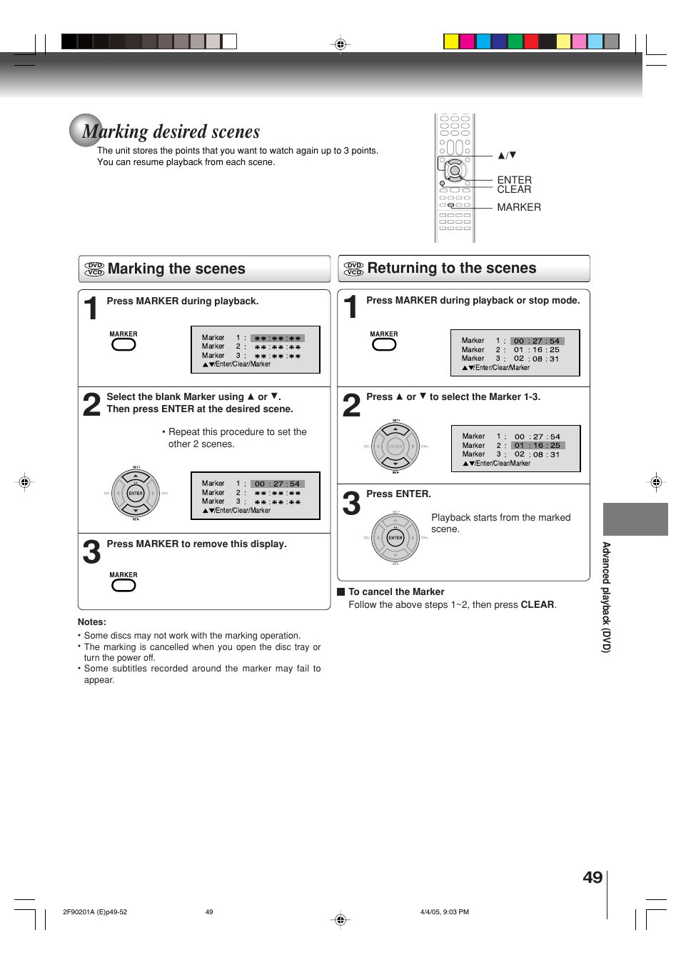 Marking desired scenes, Marking the scenes returning to the scenes | Toshiba SD-V593SU User Manual | Page 49 / 72