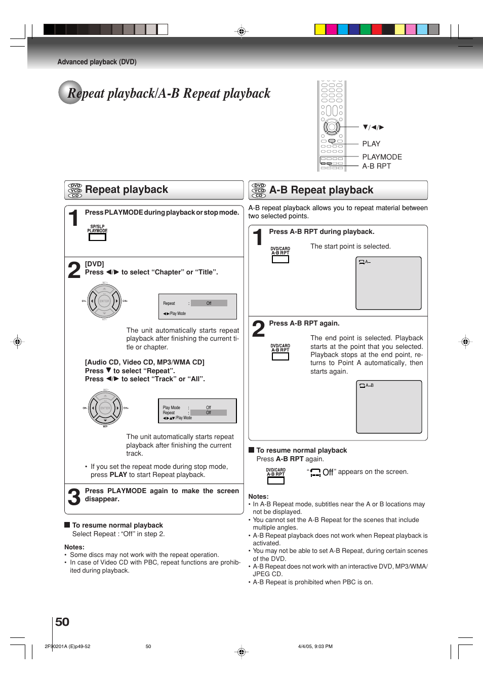 Repeat playback/a-b repeat playback, Repeat playback, A-b repeat playback | Toshiba SD-V593SU User Manual | Page 50 / 72