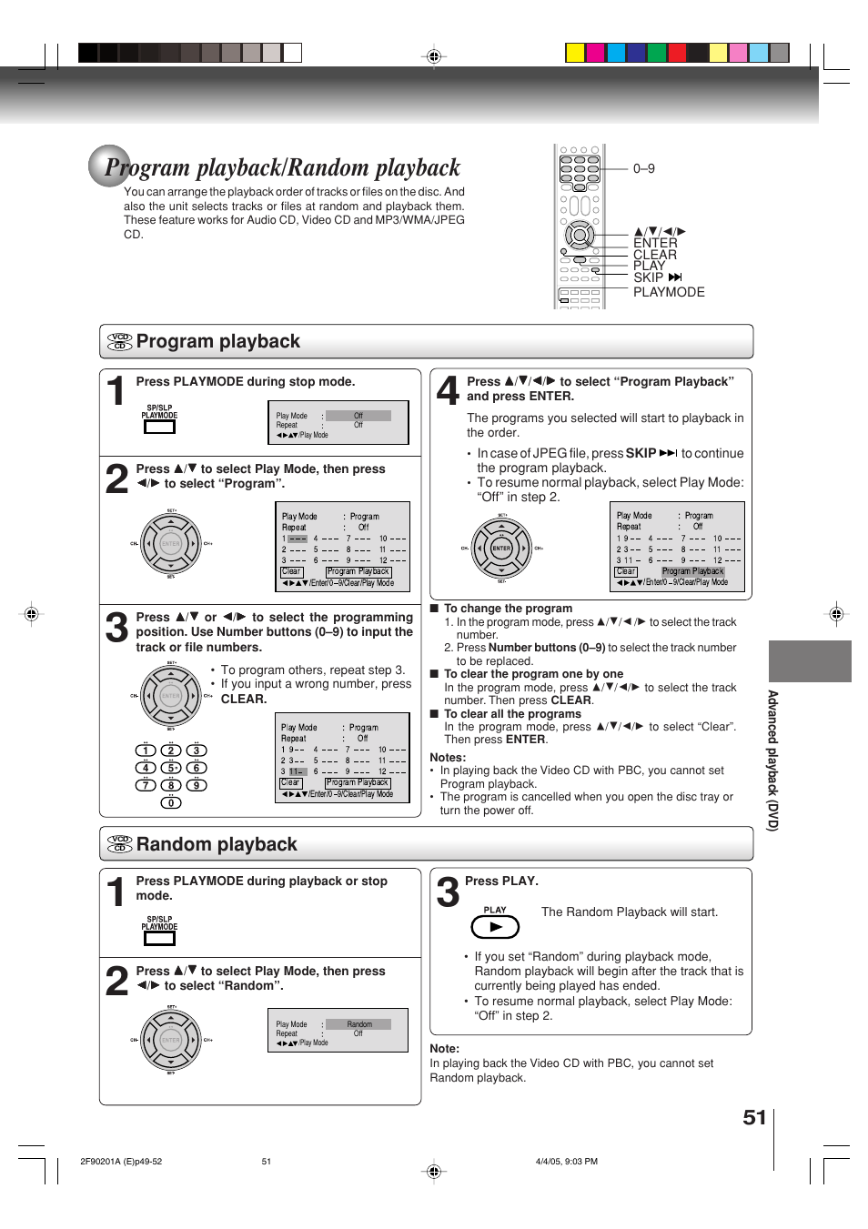 Program playback/random playback, Program playback, Random playback | Toshiba SD-V593SU User Manual | Page 51 / 72