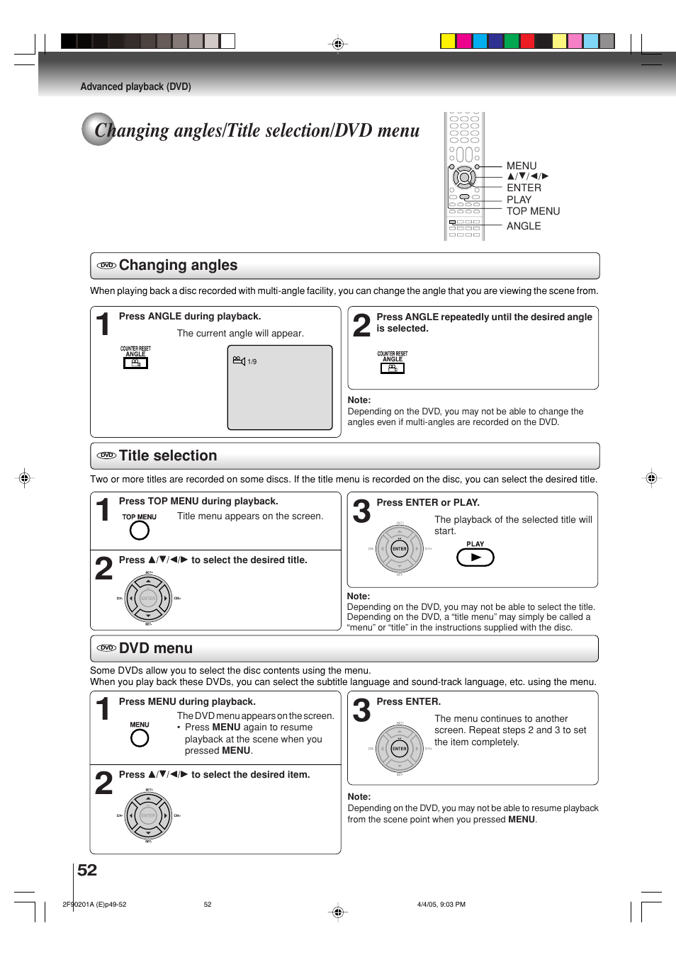 Changing angles/title selection/dvd menu, Changing angles title selection dvd menu | Toshiba SD-V593SU User Manual | Page 52 / 72