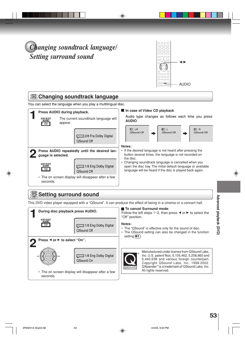 Changing soundtrack language, Setting surround sound | Toshiba SD-V593SU User Manual | Page 53 / 72