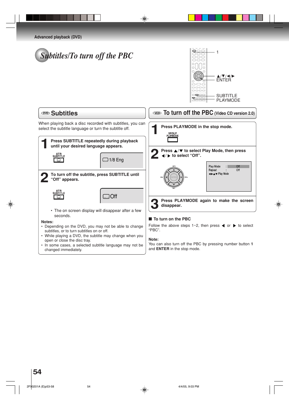 Subtitles/to turn off the pbc, Subtitles | Toshiba SD-V593SU User Manual | Page 54 / 72