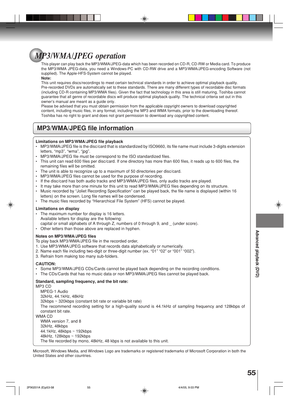 Mp3/wma/jpeg operation, Mp3/wma/jpeg file information | Toshiba SD-V593SU User Manual | Page 55 / 72