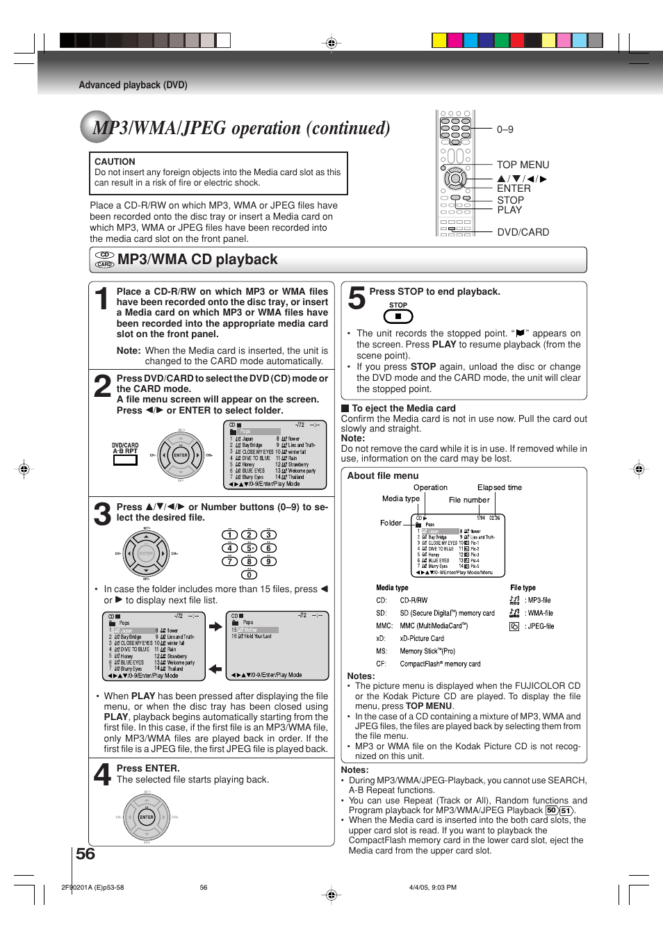 Mp3/wma/jpeg operation (continued), Mp3/wma cd playback | Toshiba SD-V593SU User Manual | Page 56 / 72