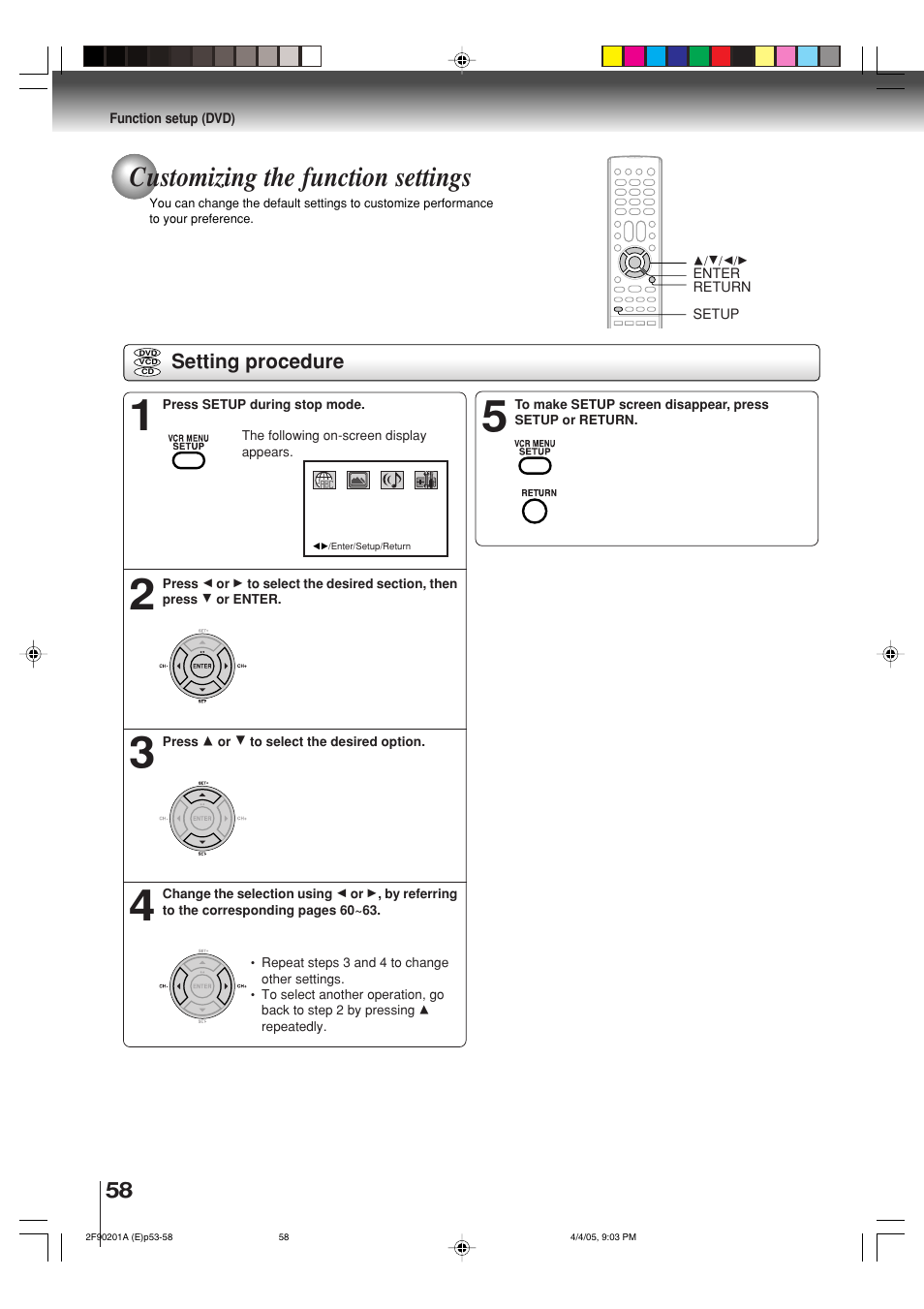 Customizing the function settings | Toshiba SD-V593SU User Manual | Page 58 / 72