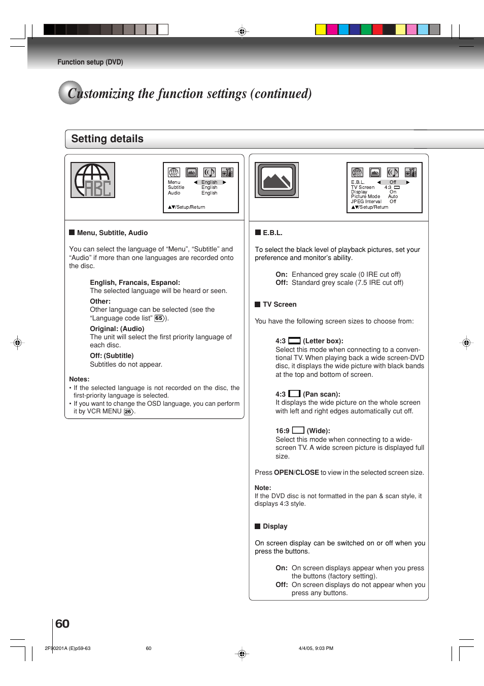 Customizing the function settings (continued), Setting details | Toshiba SD-V593SU User Manual | Page 60 / 72