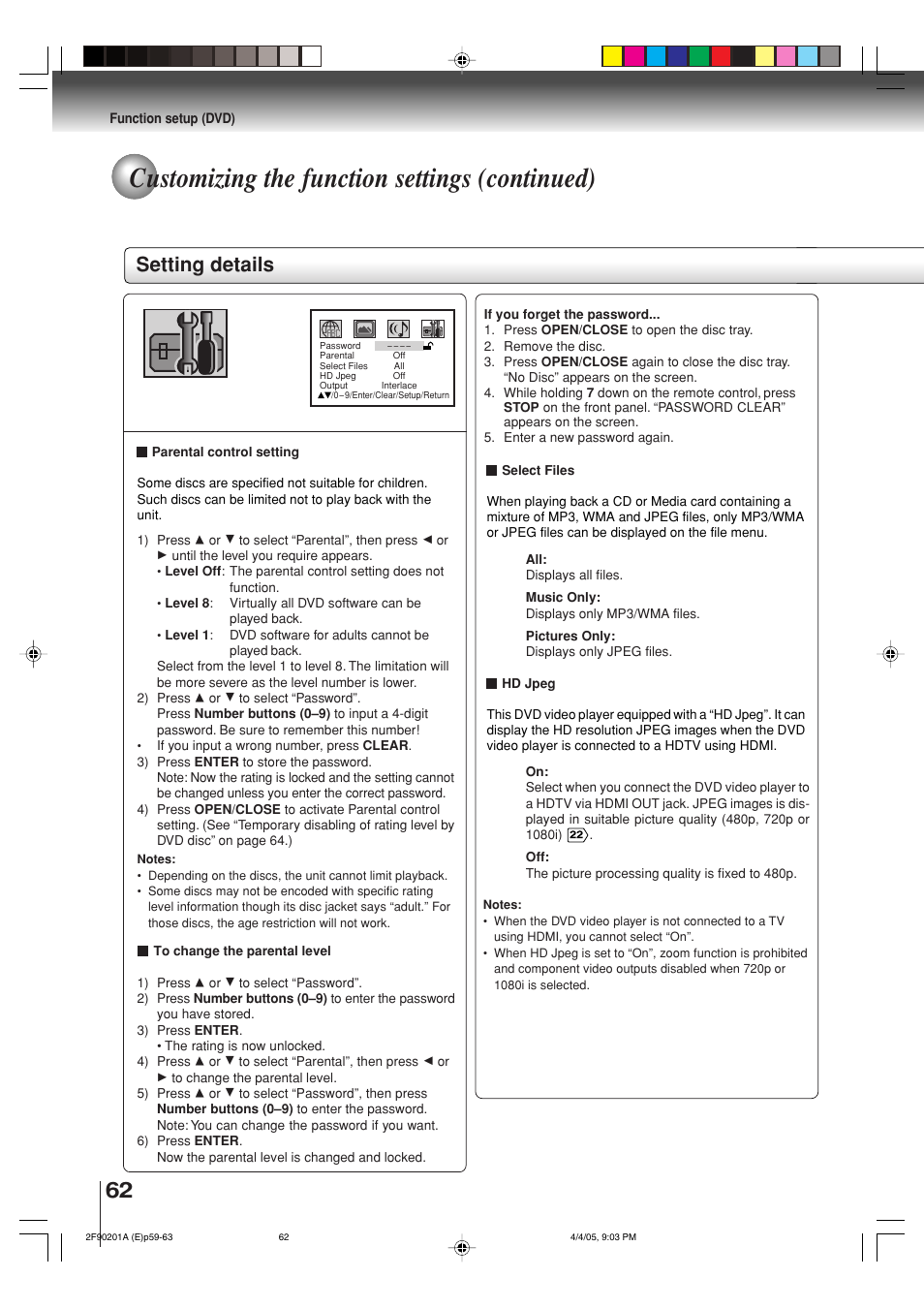 Customizing the function settings (continued), Setting details | Toshiba SD-V593SU User Manual | Page 62 / 72