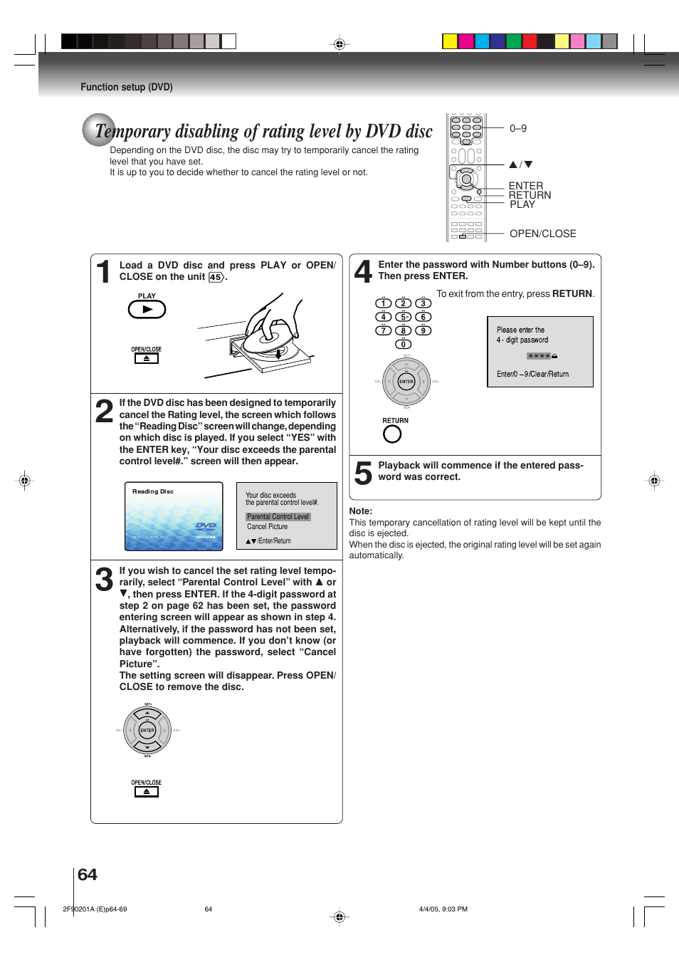 Temporary disabling of rating level by dvd disc | Toshiba SD-V593SU User Manual | Page 64 / 72