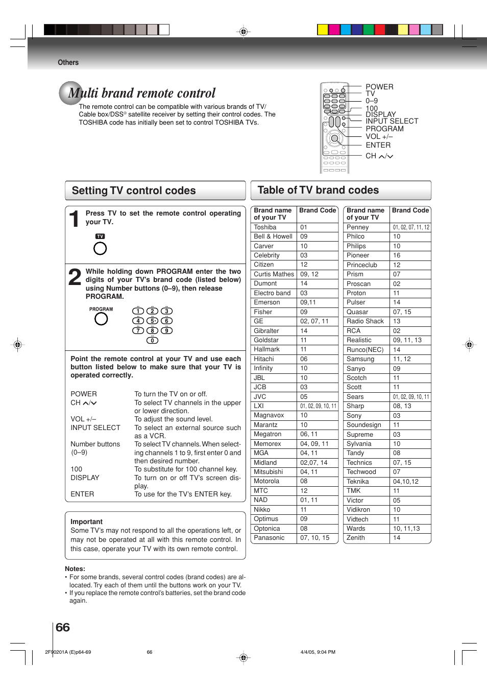 Multi brand remote control, Setting tv control codes table of tv brand codes | Toshiba SD-V593SU User Manual | Page 66 / 72