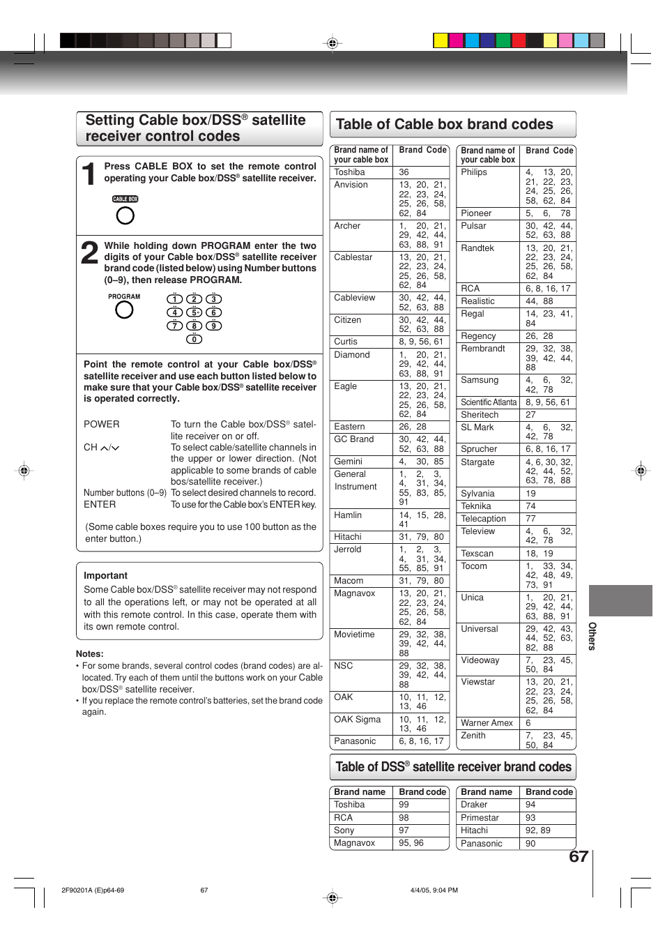 Satellite receiver control codes, Table of dss, Satellite receiver brand codes | Toshiba SD-V593SU User Manual | Page 67 / 72