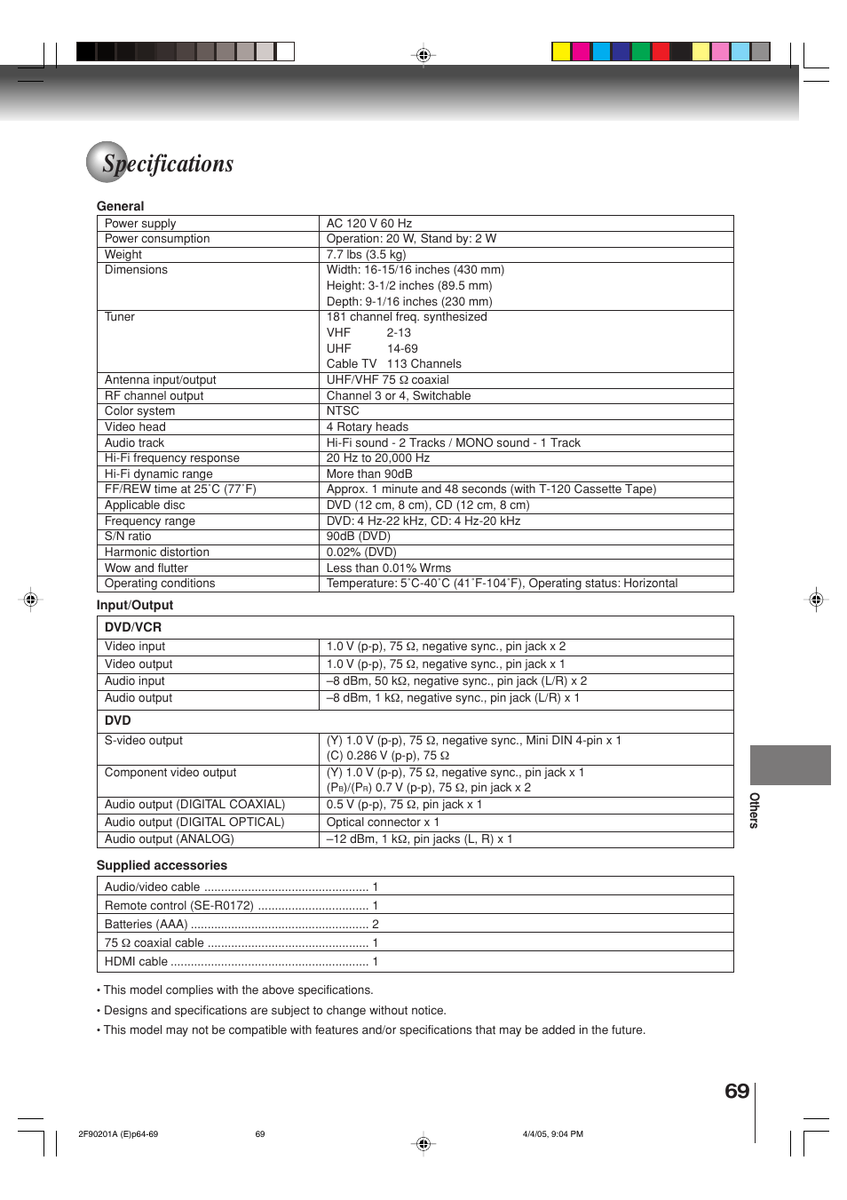 Specifications | Toshiba SD-V593SU User Manual | Page 69 / 72