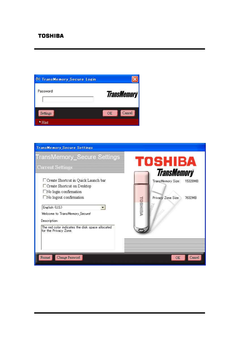 2 formatting using the security software | Toshiba TRANSMEMORY U2M-008GT User Manual | Page 18 / 26