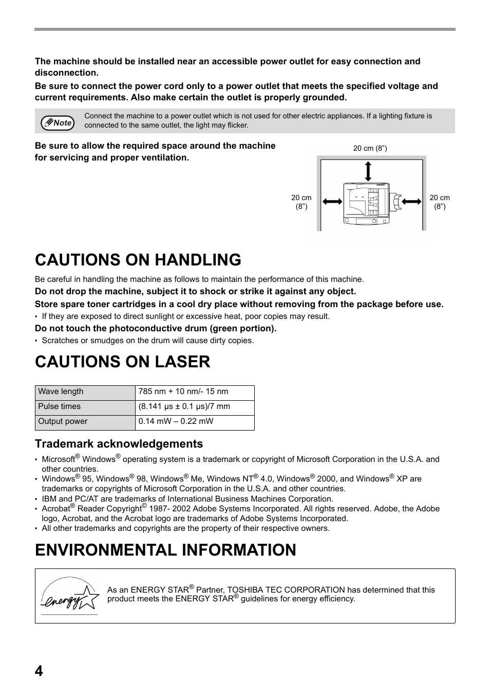 Cautions on handling, Cautions on laser, Environmental information | Trademark acknowledgements | Toshiba e-STUDIO161 User Manual | Page 10 / 76