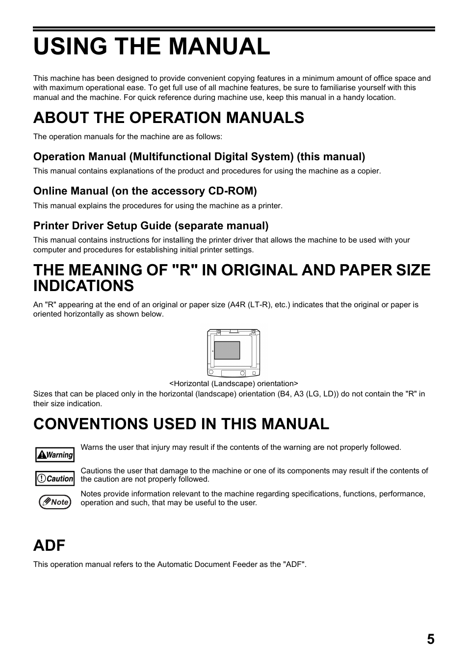 Using the manual, About the operation manuals, Conventions used in this manual | Conventions used in this manual adf | Toshiba e-STUDIO161 User Manual | Page 11 / 76