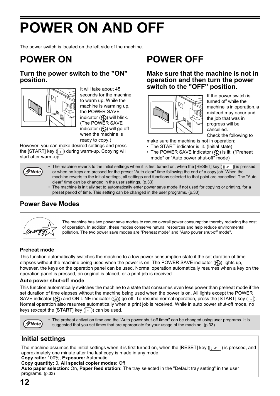 Power on and off, Power on, Power off | F. (p.12), Mode. (p.12), P.12), Turn the power switch to the "on" position, Power save modes, Initial settings | Toshiba e-STUDIO161 User Manual | Page 18 / 76