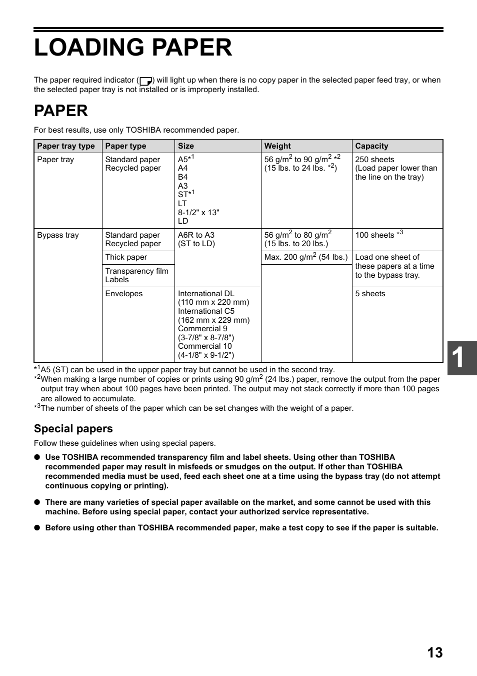 Loading paper, Paper, Special papers | Toshiba e-STUDIO161 User Manual | Page 19 / 76