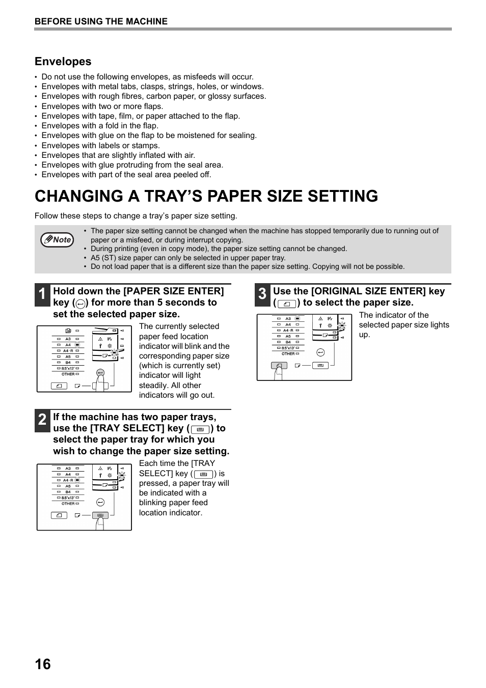 Changing a tray’s paper size setting, Size. (p.16) th, R trays. (p.16) | P.16), Envelopes | Toshiba e-STUDIO161 User Manual | Page 22 / 76