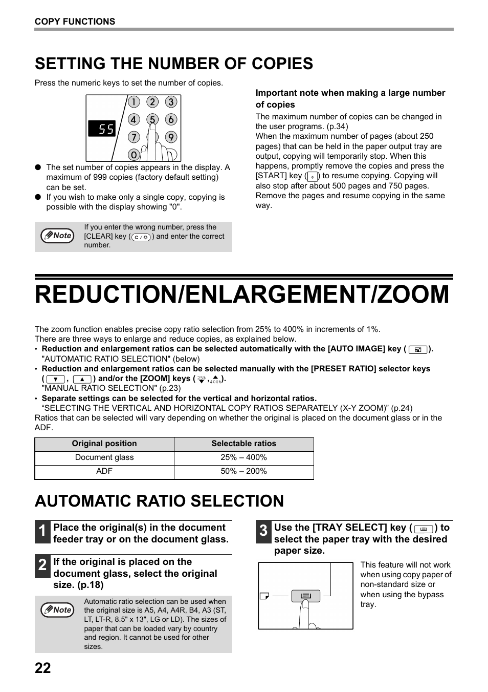 Setting the number of copies, Reduction/enlargement/zoom, Automatic ratio selection | Ies. (p.22), Ion. (p.22), On (p.22) d | Toshiba e-STUDIO161 User Manual | Page 28 / 76