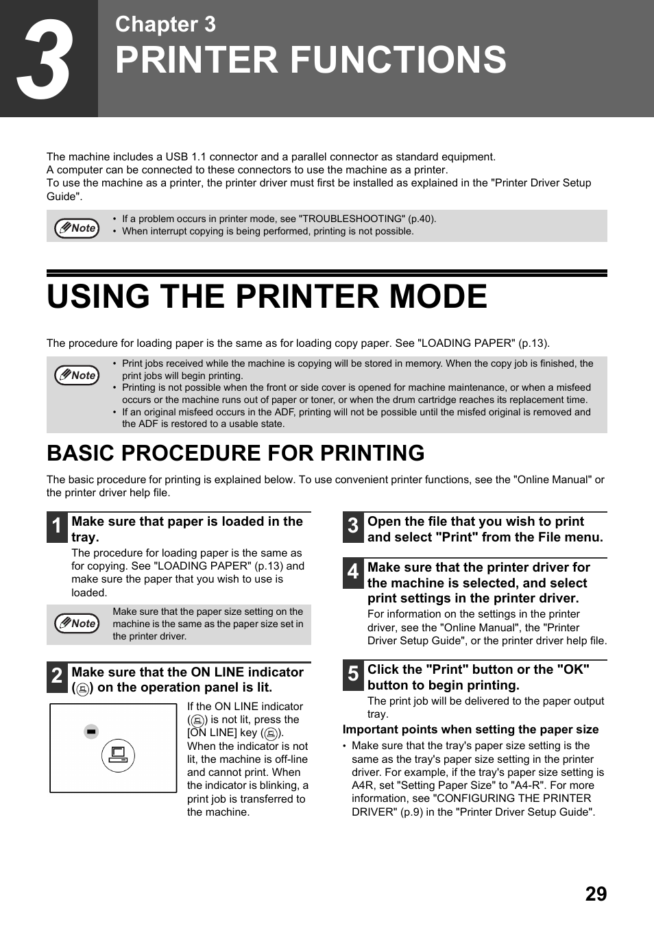 Printer functions, Using the printer mode, Basic procedure for printing | P.29), Chapter 3 | Toshiba e-STUDIO161 User Manual | Page 35 / 76
