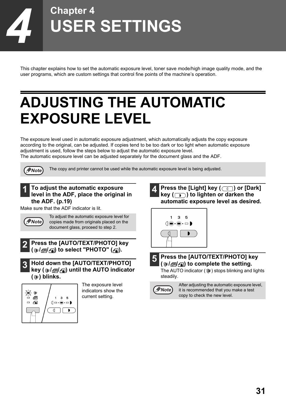 User settings, Adjusting the automatic exposure level, Chapter 4 | Toshiba e-STUDIO161 User Manual | Page 37 / 76