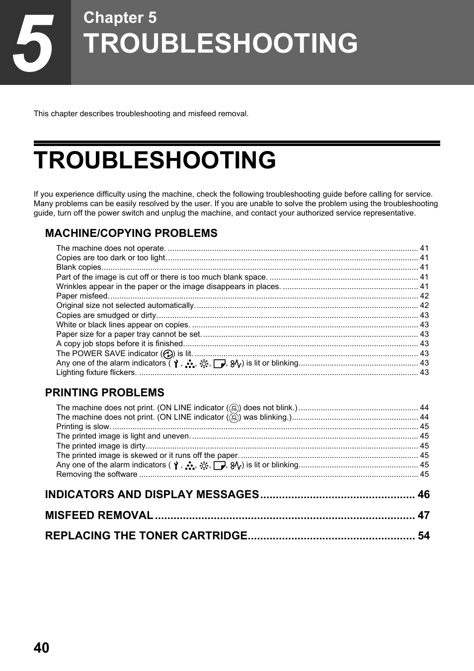 Troubleshooting, E "troubleshooting" (p.40), Chapter 5 | Toshiba e-STUDIO161 User Manual | Page 46 / 76