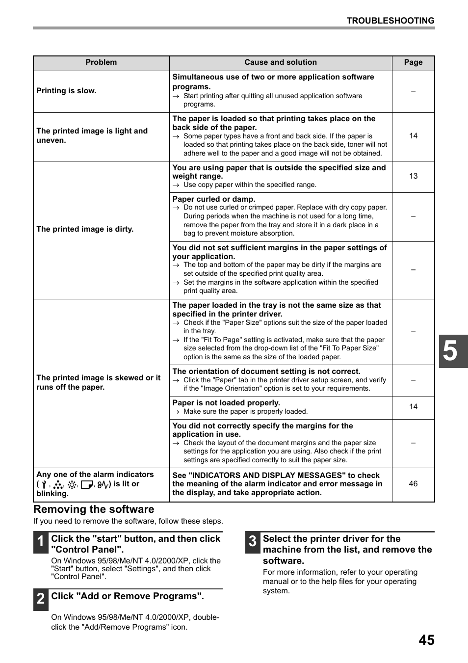 Printing is slow, 45 the printed image is light and uneven, 45 the printed image is dirty | Removing the software | Toshiba e-STUDIO161 User Manual | Page 51 / 76