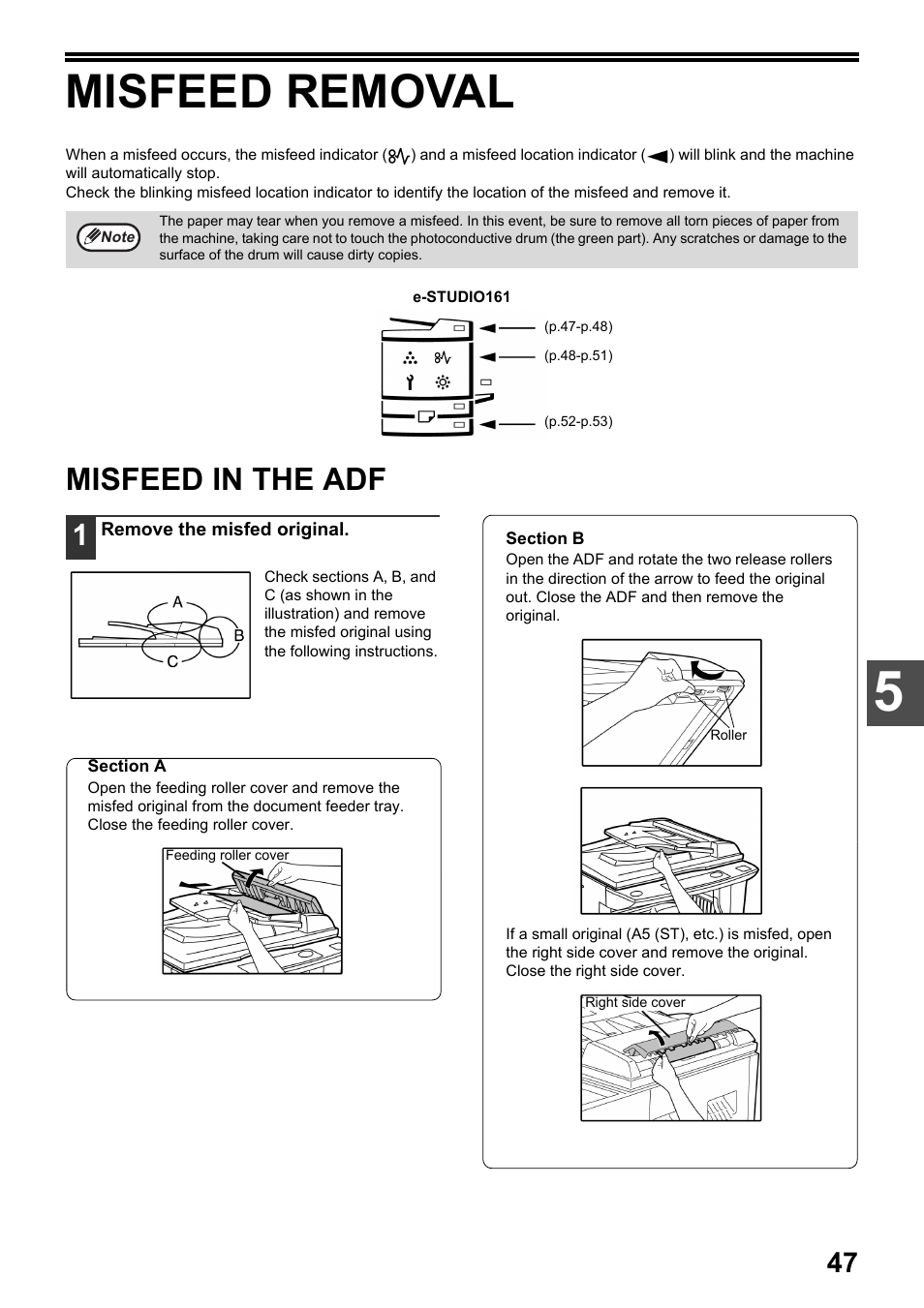 Misfeed removal, Misfeed in the adf, P.47) | P.47, D in "misfeed removal | Toshiba e-STUDIO161 User Manual | Page 53 / 76