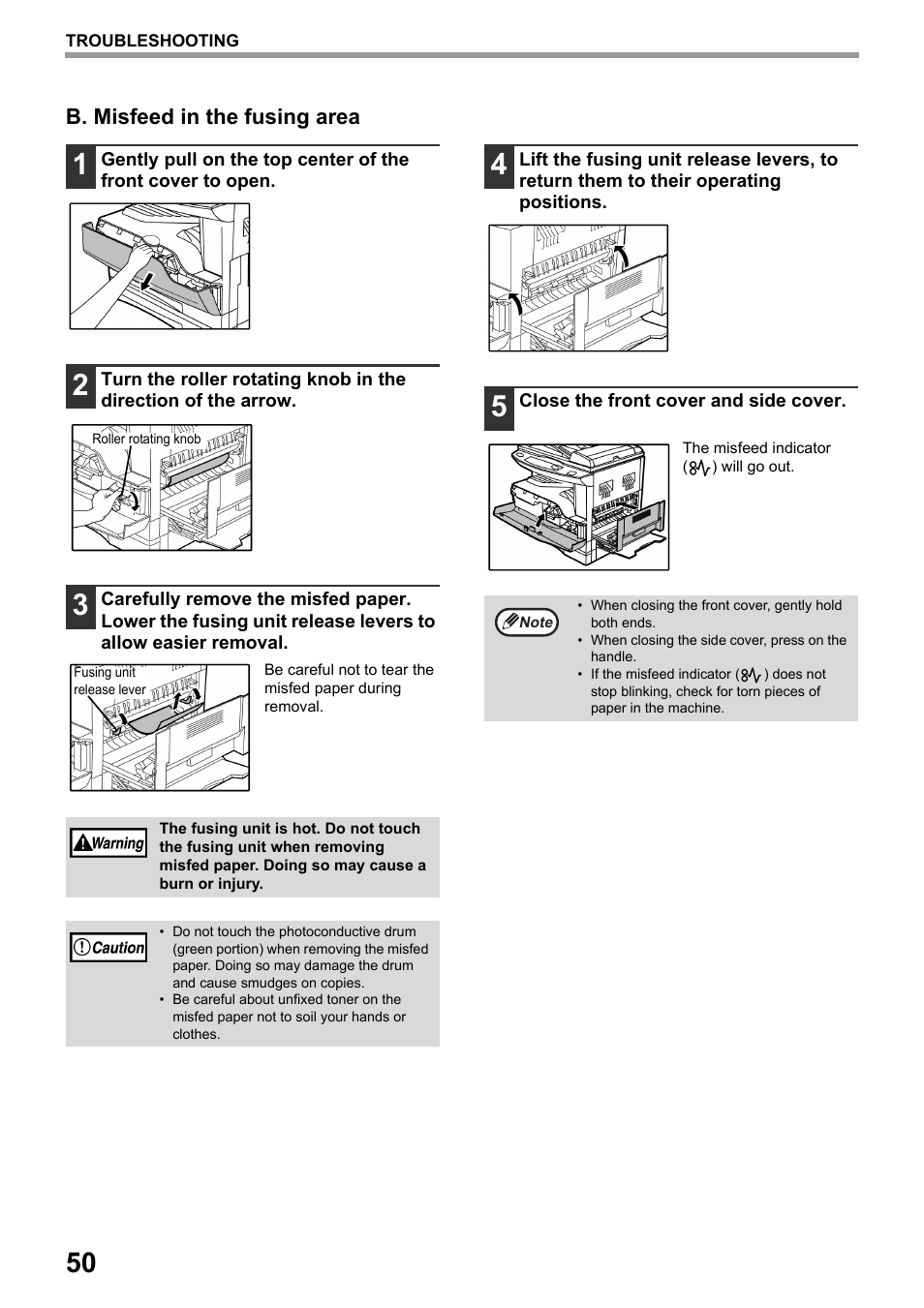 P.50), B. misfeed in the fusing area | Toshiba e-STUDIO161 User Manual | Page 56 / 76