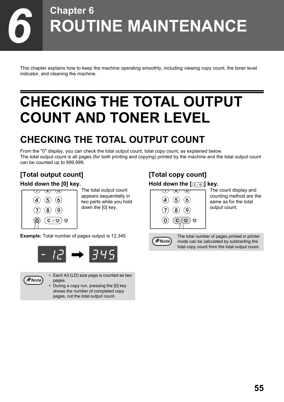 Routine maintenance, Checking the total output count and toner level, Checking the total output count | Key down. (p.55), P.55), Chapter 6 | Toshiba e-STUDIO161 User Manual | Page 61 / 76