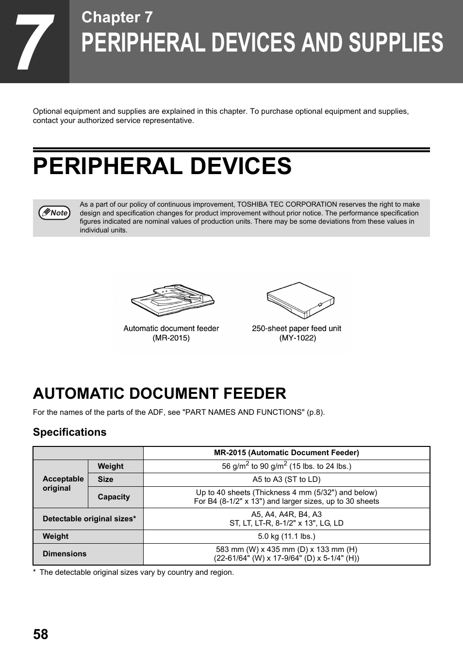 Peripheral devices and supplies, Peripheral devices, Automatic document feeder | Chapter 7 | Toshiba e-STUDIO161 User Manual | Page 64 / 76