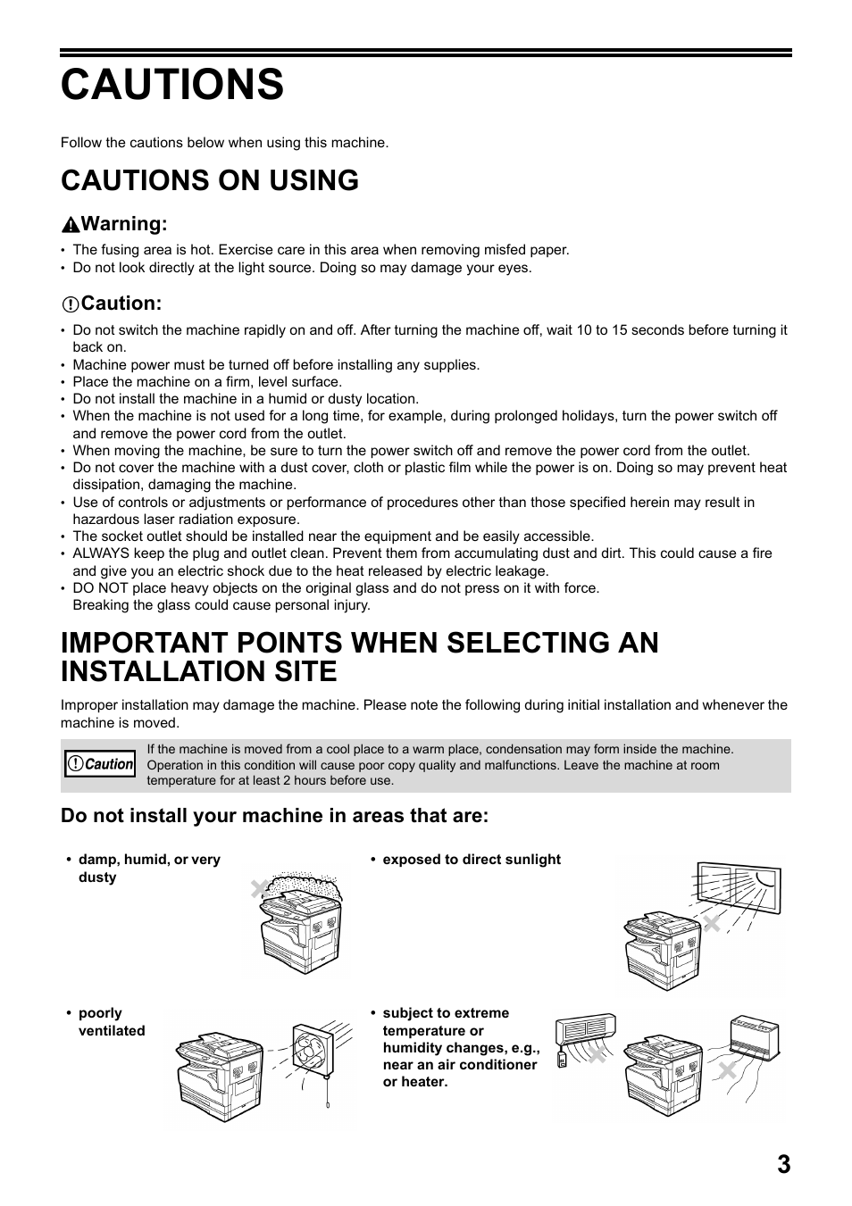 Cautions, Cautions on using, Warning | Caution, Do not install your machine in areas that are | Toshiba e-STUDIO161 User Manual | Page 9 / 76