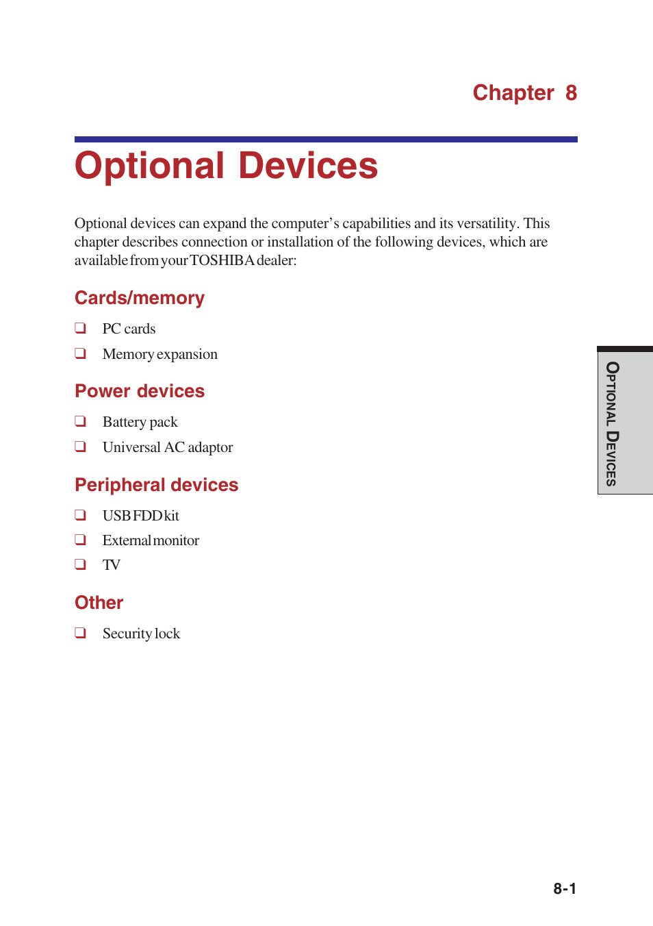 Chapter 8 optional devices, Optional devices, Describes the optional hardware available | Chapter 8 | Toshiba A10 Series User Manual | Page 151 / 259