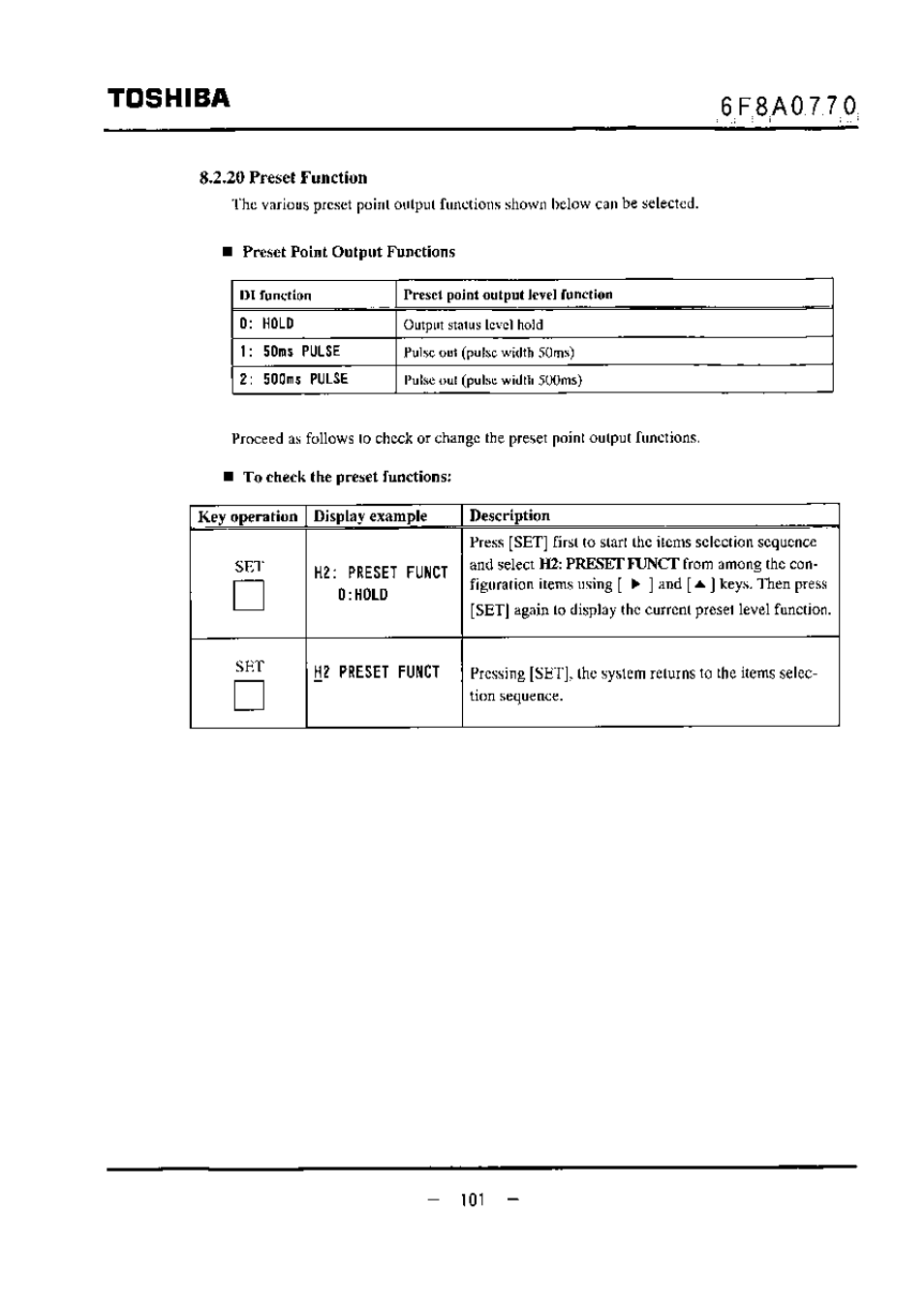 2,20 preset function, Toshiba | Toshiba LF434 User Manual | Page 102 / 158