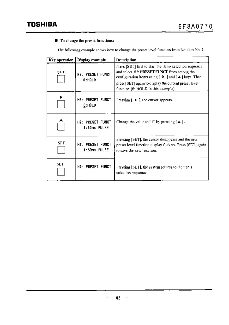 I to change the preset functions, Toshiba | Toshiba LF434 User Manual | Page 103 / 158