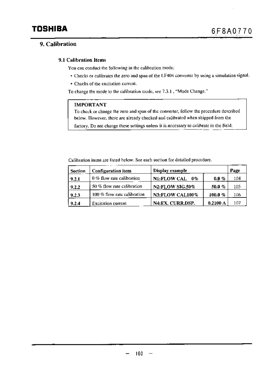 Calibration, 9<1 cnlibration items, Important | Toshiba | Toshiba LF434 User Manual | Page 104 / 158