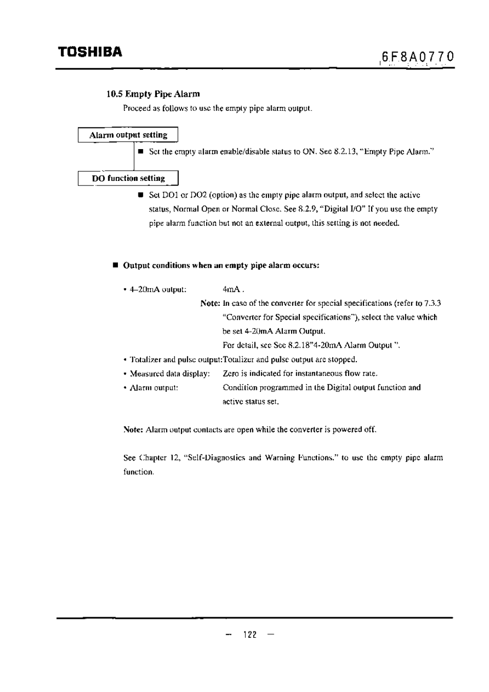 10»5 empty pipe alarm, Do function i^tting, Output conditions when an empty pipe aliirm occurs | Toshiba | Toshiba LF434 User Manual | Page 123 / 158