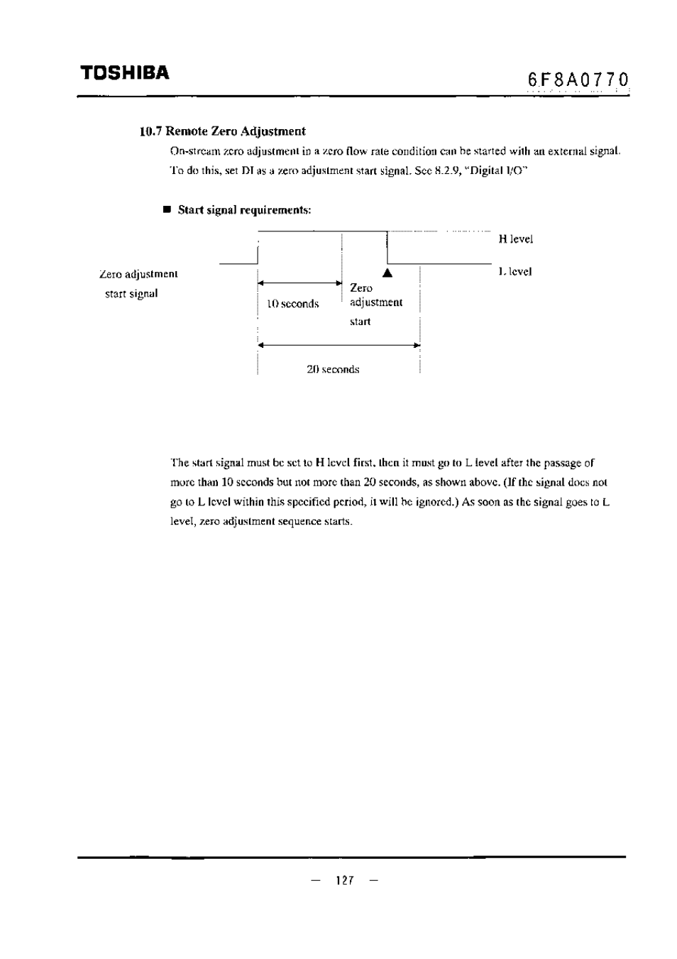 10«7 remote zero adjustment, Start signal retjuiremertts, Toshiba | Toshiba LF434 User Manual | Page 128 / 158