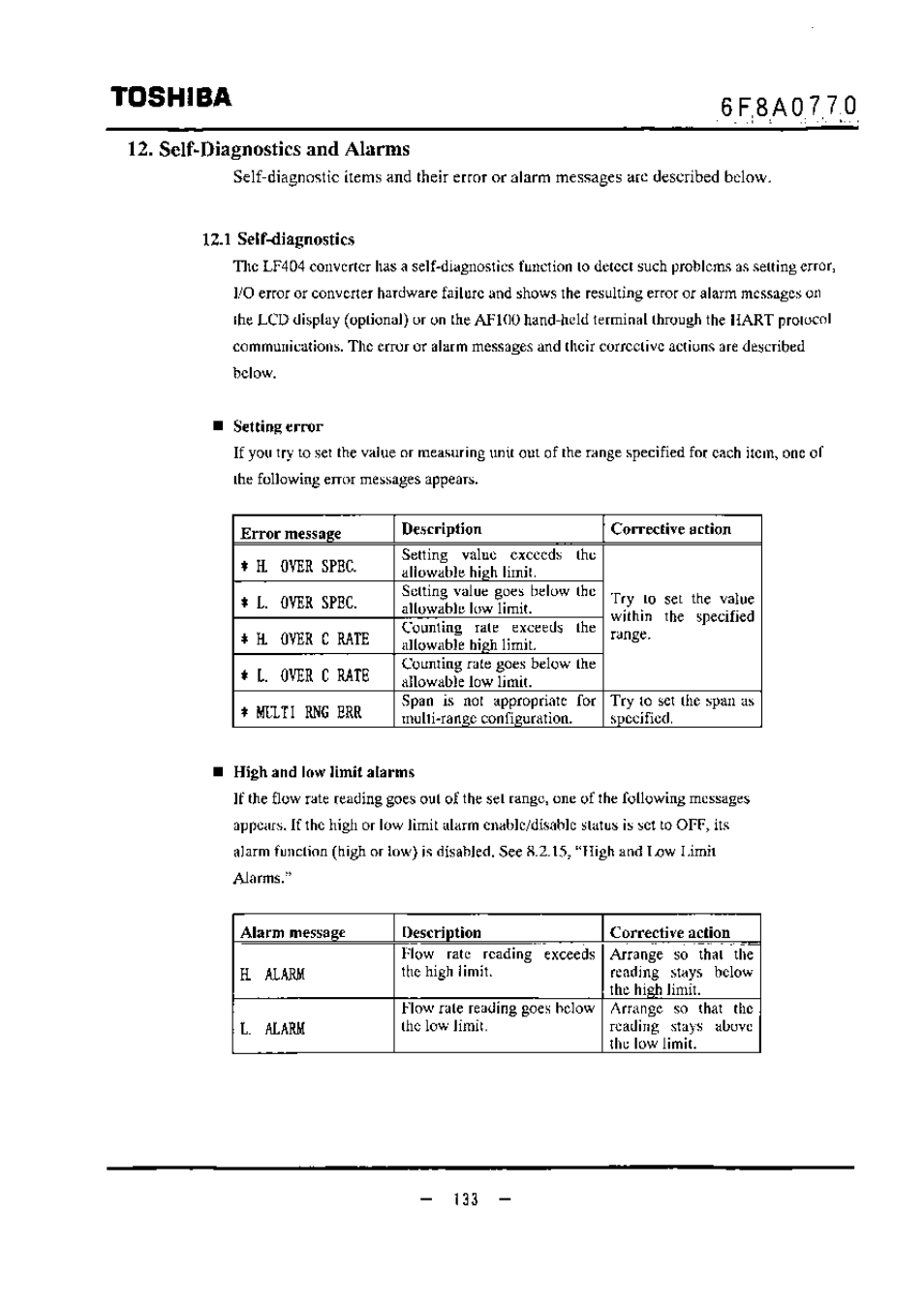 Self-diagnostics and alarms, Iz.l self-diagnostics, Setting error | Description, Toshiba | Toshiba LF434 User Manual | Page 134 / 158