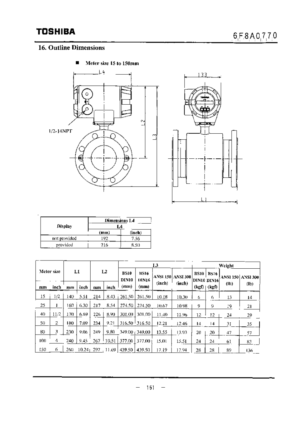 Outline dimensions, Mekr size 15 to isomm, Toshiba | Toshiba LF434 User Manual | Page 152 / 158