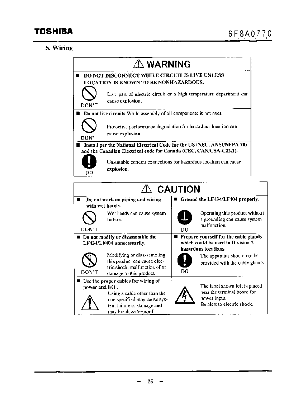 Wiring, A warning, Dont | Caution, Toshiba | Toshiba LF434 User Manual | Page 26 / 158