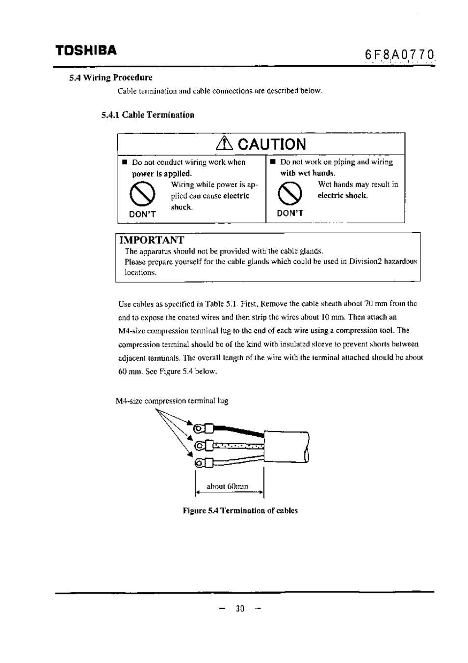 Sa wiring procedure, 5,4.1 cable termination, Important | Caution, Toshiba | Toshiba LF434 User Manual | Page 31 / 158