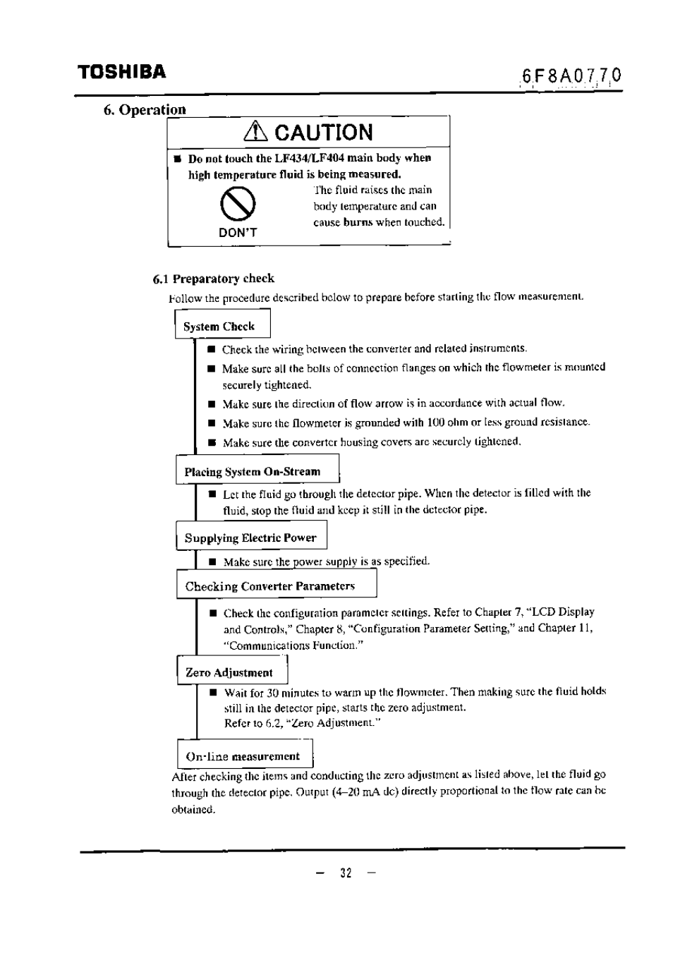 6, operation, Don’t, System check | Placing system on-stream, Supplying electric power, Checking converter parameters, Zero adjustment, On-line measurement, Caution, Toshiba | Toshiba LF434 User Manual | Page 33 / 158